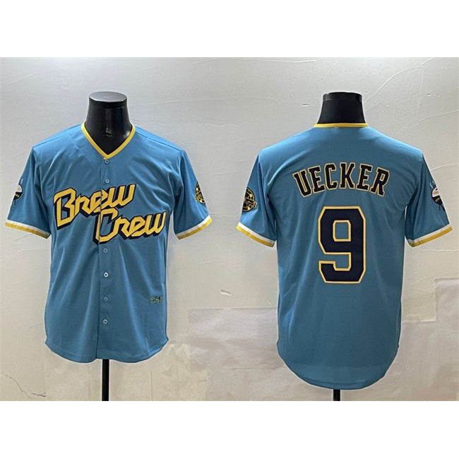 Milwaukee Brewers #9 Bob Uecker Powder Blue Jereymy City Connect With Patch Cool Base Stitched Jersey