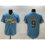 Milwaukee Brewers #9 Bob Uecker Powder Blue Jereymy City Connect With Patch Cool Base Stitched Jersey