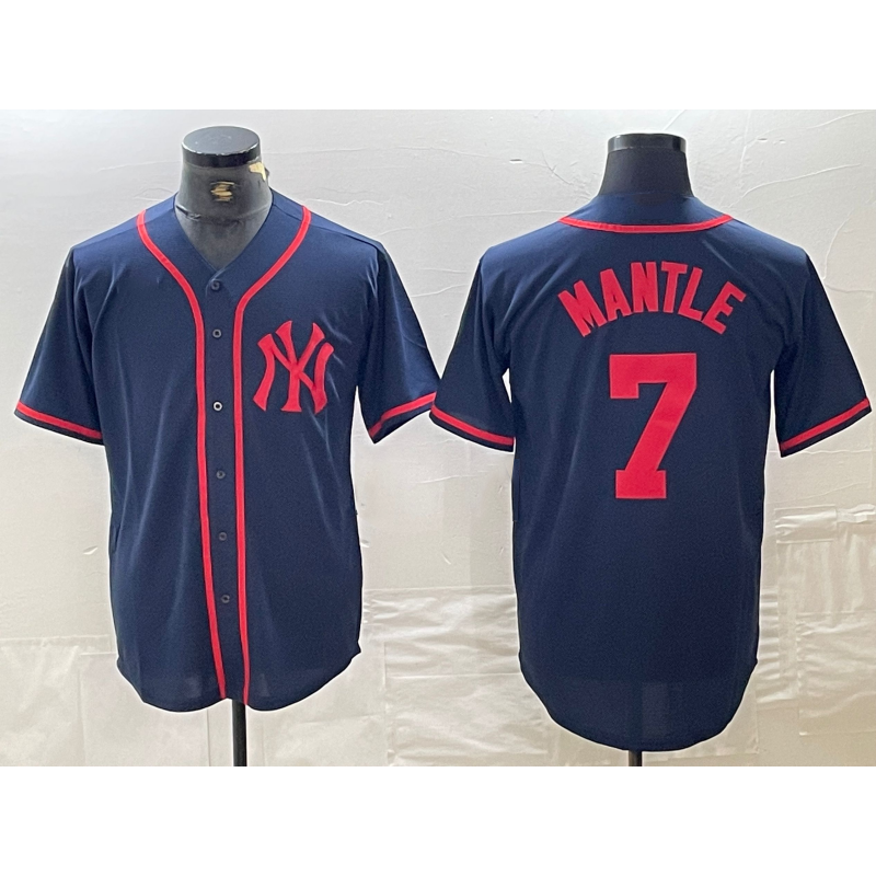 New York Yankees #7 Mickey Mantle Navy Red Jereymy Fashion Cool Base Jersey