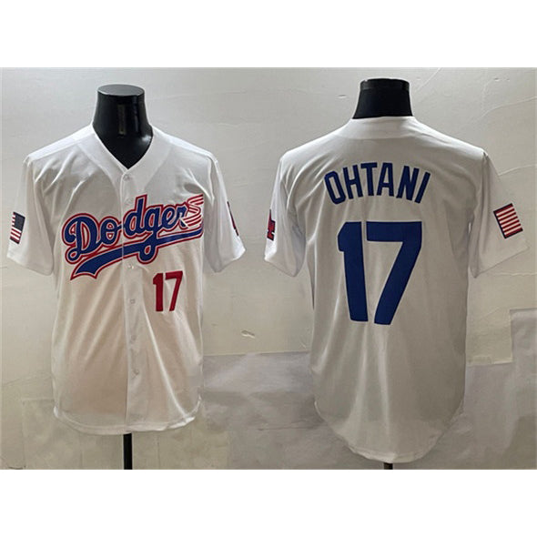 Los Angeles Dodgers #17 Shohei Ohtani White Jereymy With American Flag Patch Limited Stitched Jersey