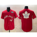 Toronto Blue Jays & Leafs Red Jereymy 2025 World Series With White Leafs Logo Cool Base Stitched Jersey