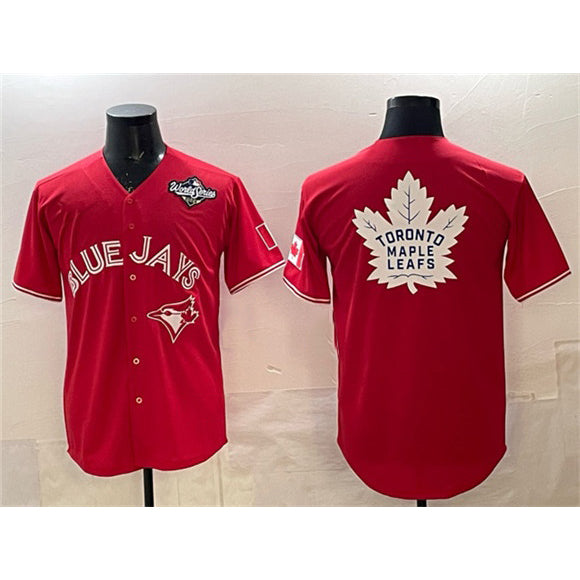 Toronto Blue Jays & Leafs Red Jereymy 2025 World Series With White Leafs Logo Cool Base Stitched Jersey
