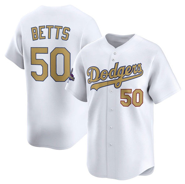 Los Angeles Dodgers #50 Mookie Betts White Jereymy 2025 Gold Collection Limited Stitched Jersey