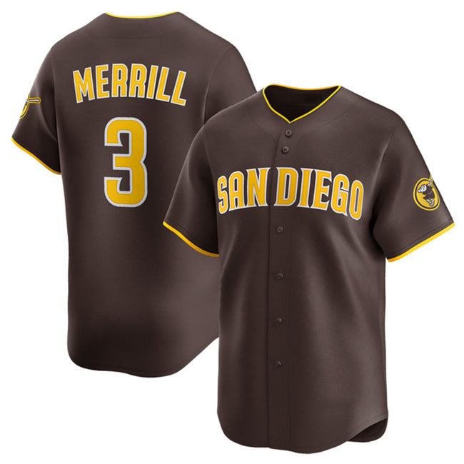 San Diego Padres #3 Jackson Merrill Brown Jereymy 2024 Away Limited Stitched Jersey