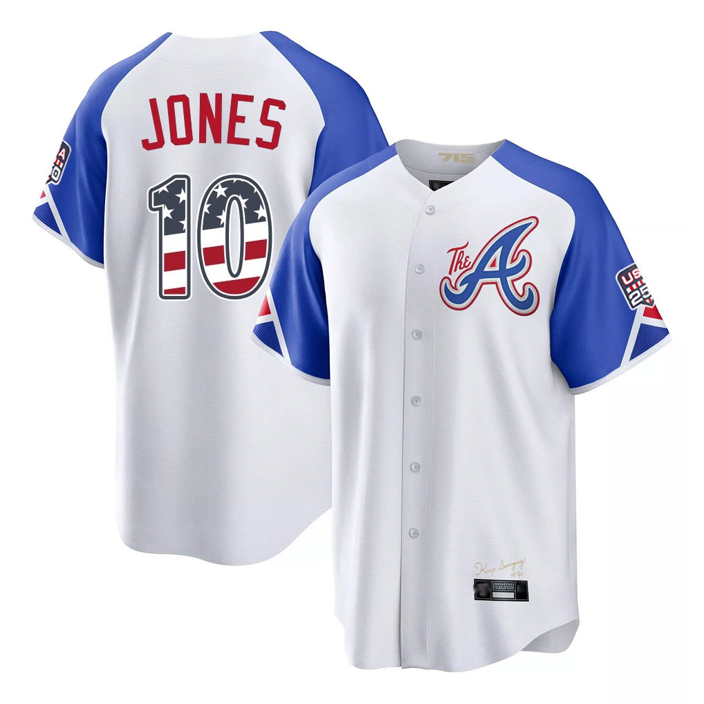 Atlanta Braves #10 Chipper Jones Player White Jereymy USA 250 Fourth Of July City Connect Home Game Stitched Jerseys