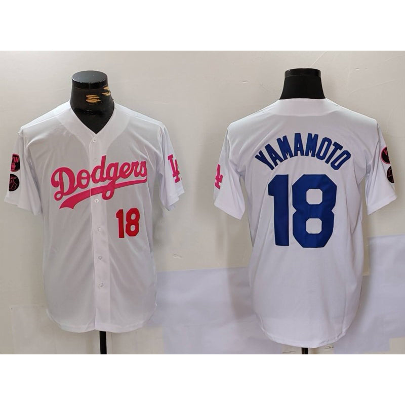 Los Angeles Dodgers #18 Yoshinobu Yamamoto White Pink Jereymy Vin & Kobe Patch Stitched Jerseys