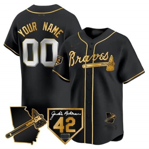 Custom Atlanta Braves 2024 Robinson & Georgia Patch Vapor Premier Limited Jersey ¨C Black Gold Jereymy