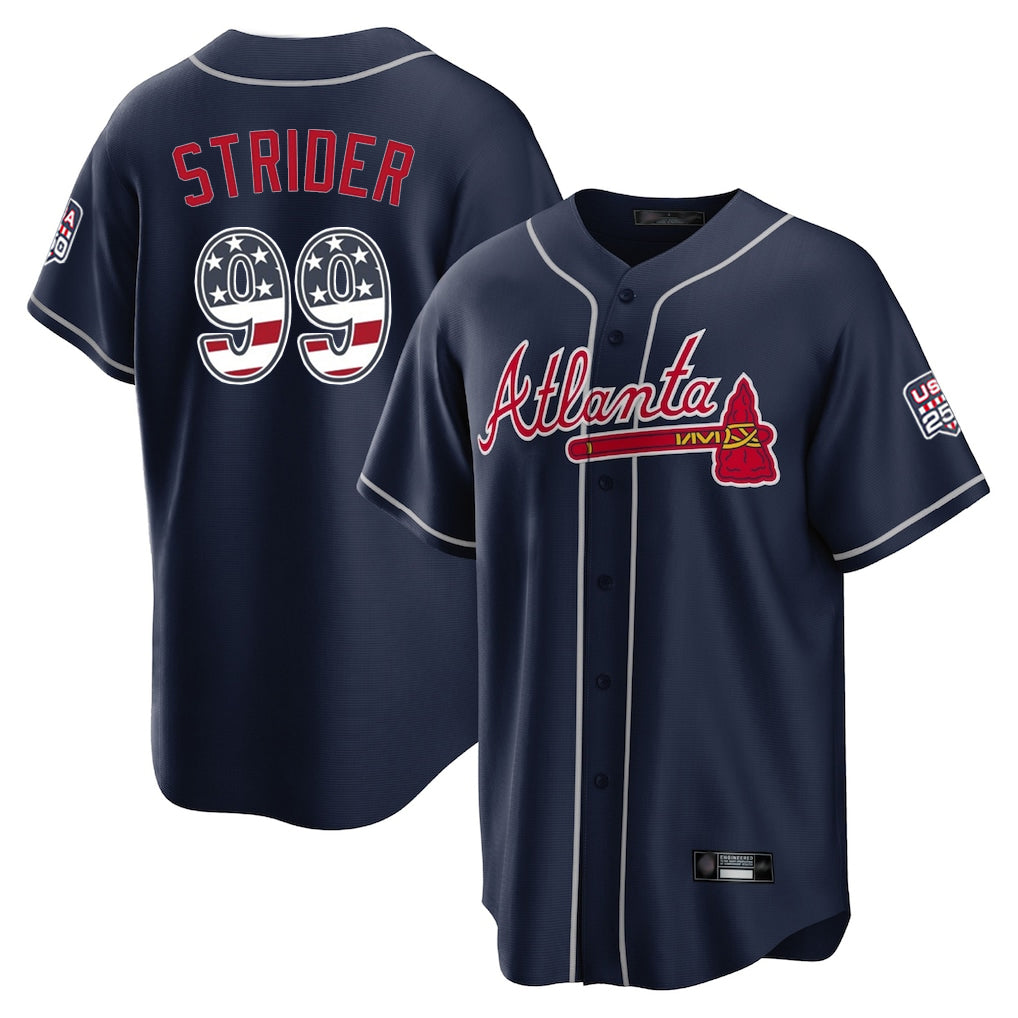 Atlanta Braves #99 Spencer Strider Player Navy Jereymy USA 250 Fourth Of July Limited Home Game Stitched Jerseys
