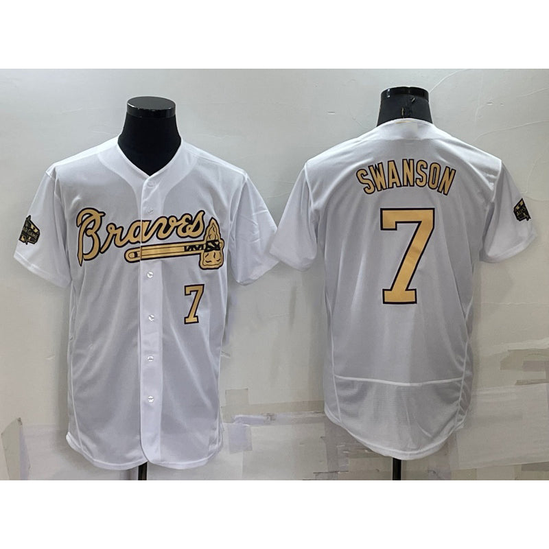 Atlanta Braves #7 Dansby Swanson White Jereymy Number 2022 All Star Stitched Flex Base Jersey