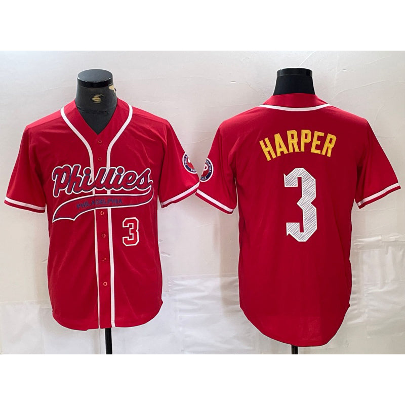 Philadelphia Phillies #3 Bryce Harper Number Red Jereymy Cool Base Stitched Jersey 2