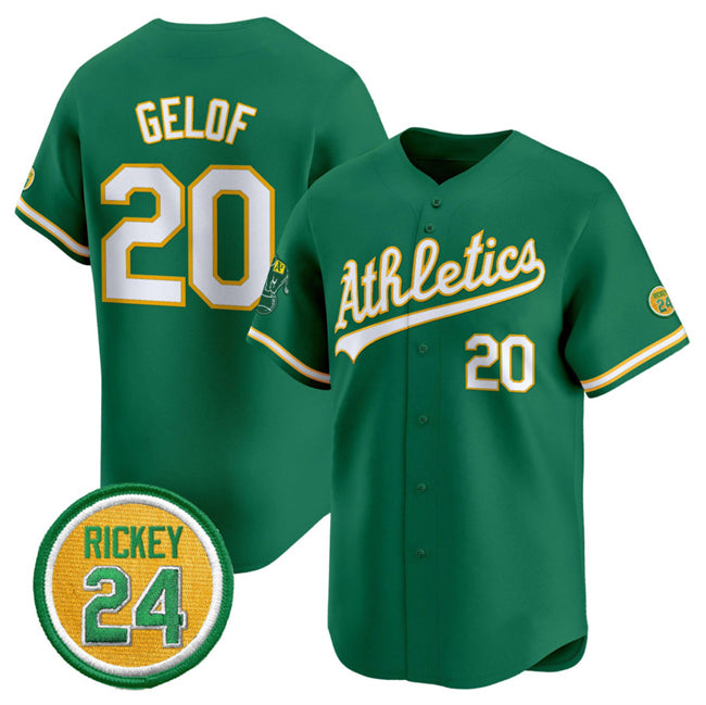 Oakland Athletics #20 Zack Gelof Green Jereymy 2024 Limited With Rickey Henderson Patch Stitched Jersey