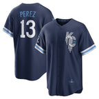 Kansas City Royals #13 Salvador Perez Navy Jereymy City Connect Replica Player Jersey