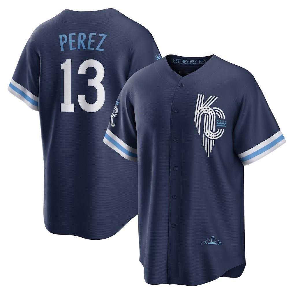 Kansas City Royals #13 Salvador Perez Navy Jereymy City Connect Replica Player Jersey