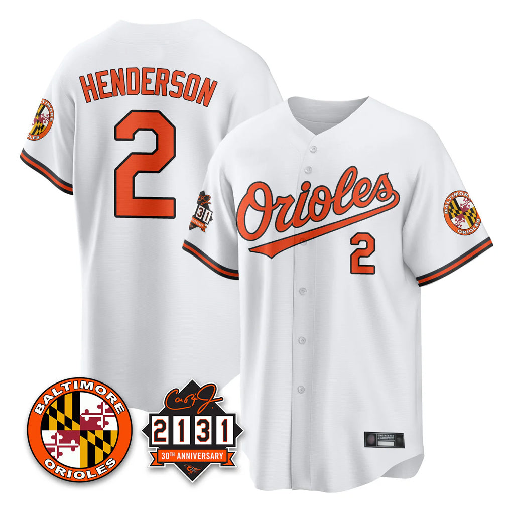 Baltimore Orioles #2 Gunnar Henderson Player White Jereymy 30th Anniversary of 2131 Home Game Stitched Jerseys