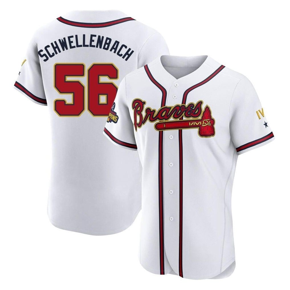 Atlanta Braves #56 Spencer Schwellenbach Player White Gold Jereymy Limited Elite Home Game Stitched Jerseys