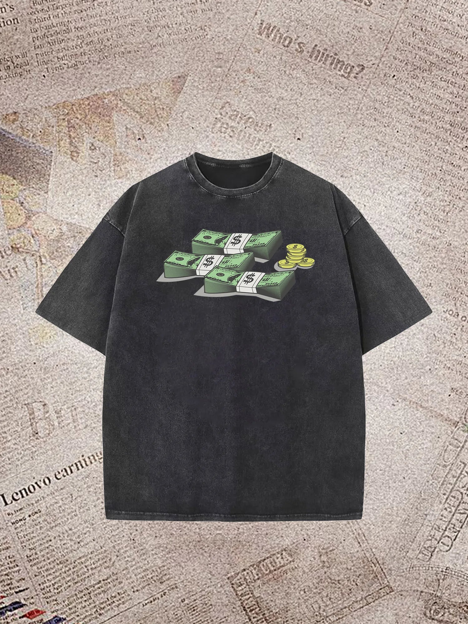 Banknote Printed Washed T-Shirt 230G Multicolor Loose Trendy Fashionable Cotton Short Sleeve Top The Best Gift Special Offer