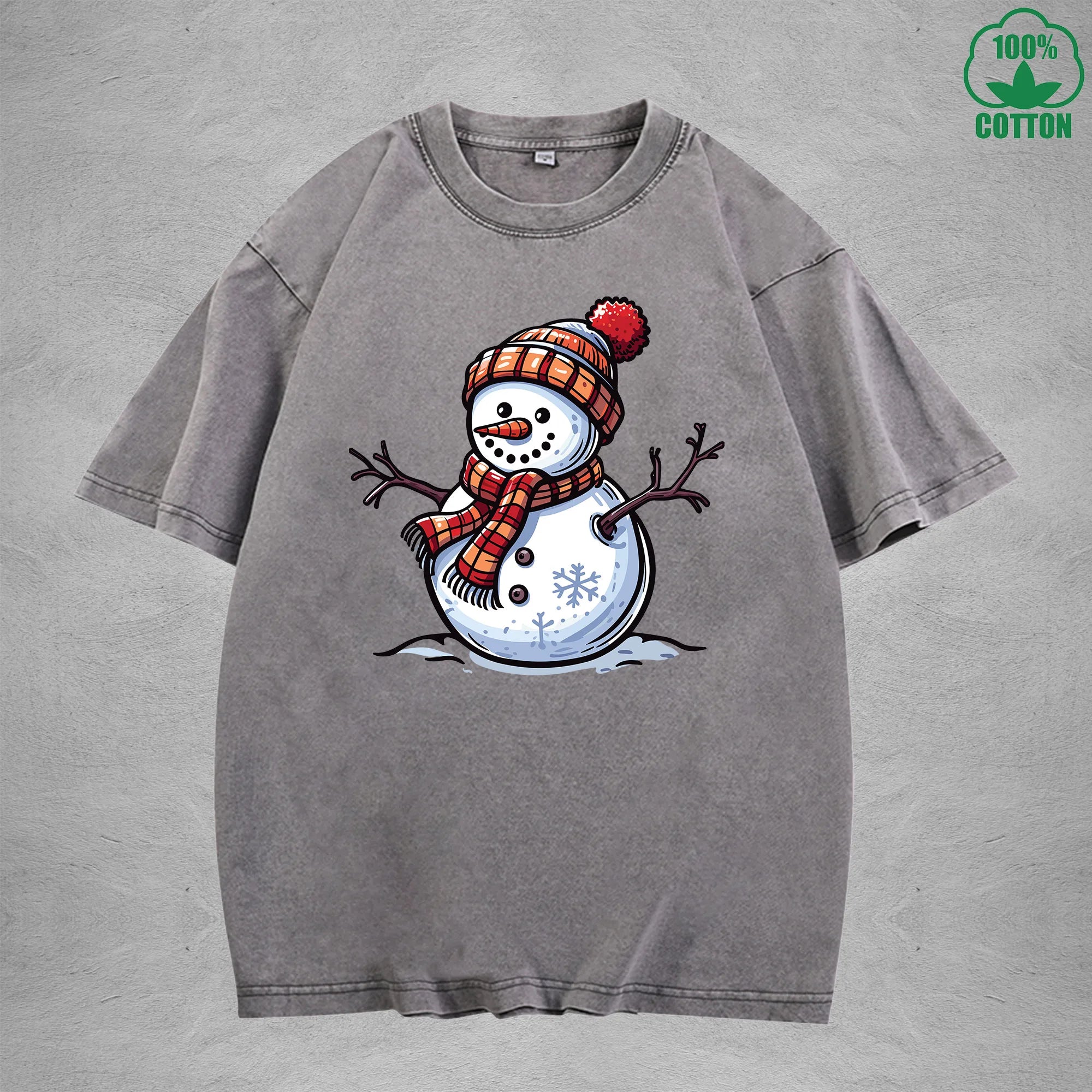 Christmas Snowman Interest Printed Washed T-Shirt 230G Multicolor Loose Trendy Fashionable Cotton Short Sleeve Top