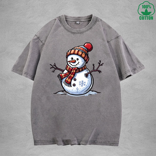 Christmas Snowman Interest Printed Washed T-Shirt 230G Multicolor Loose Trendy Fashionable Cotton Short Sleeve Top