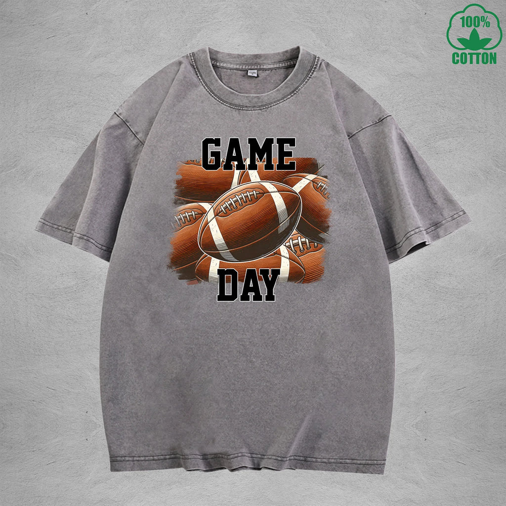 Game Day Printed Washed T-Shirt 230G Loose Trendy Fashionable Cotton Short Sleeve Top