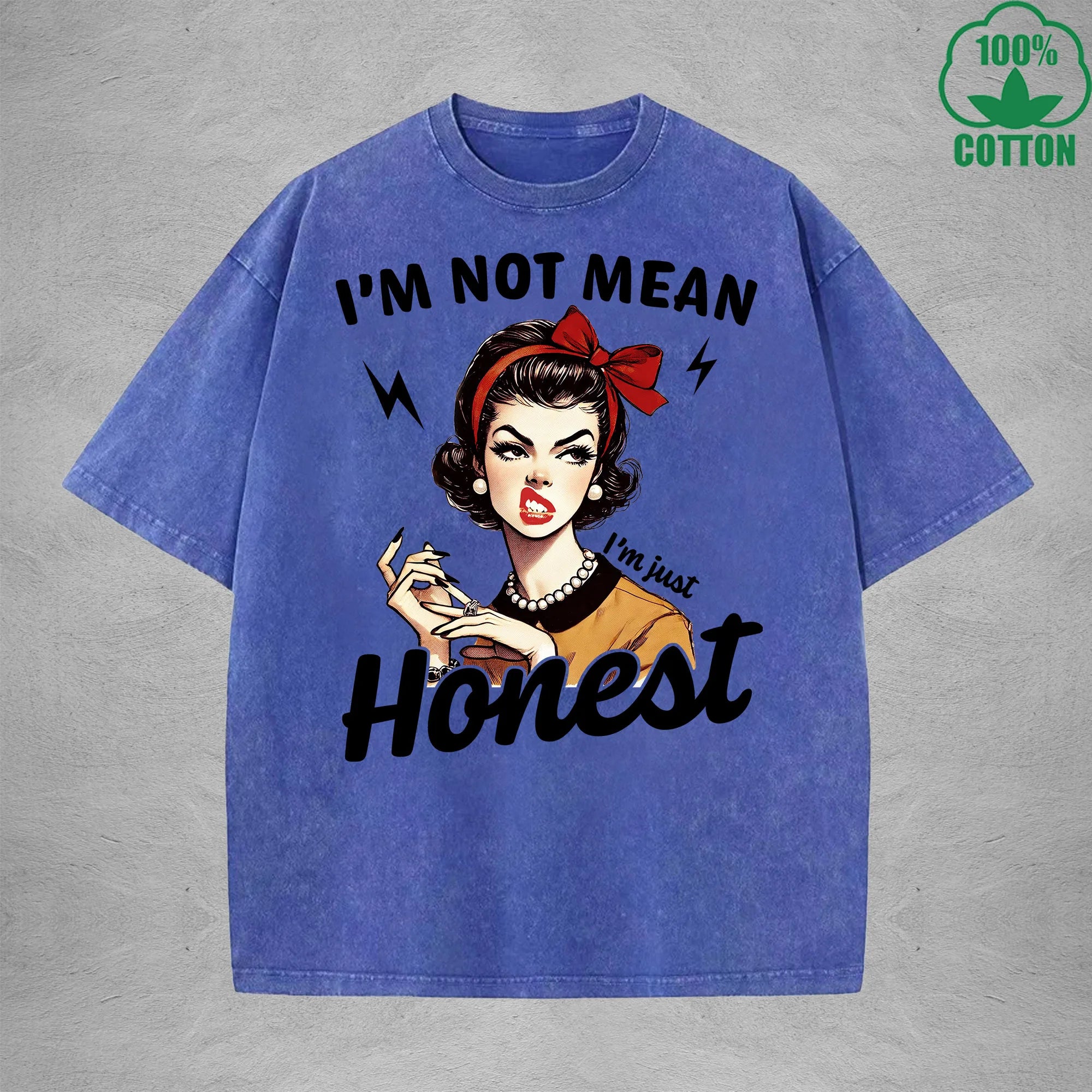 I'm Not MeanInterest Printed Washed T-Shirt 230G Loose Trendy Fashionable 100%Cotton Short Sleeve Top