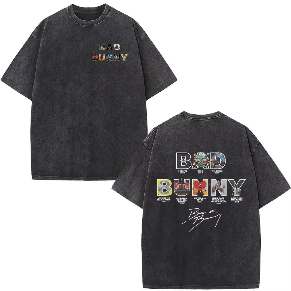 Rapper Bad Bunny Washed Vintage T-shirt Debi Tirar Mas Fotos DTMF World Tour T Shirts Men's Fashion Hip Hop T-shirts Streetwears