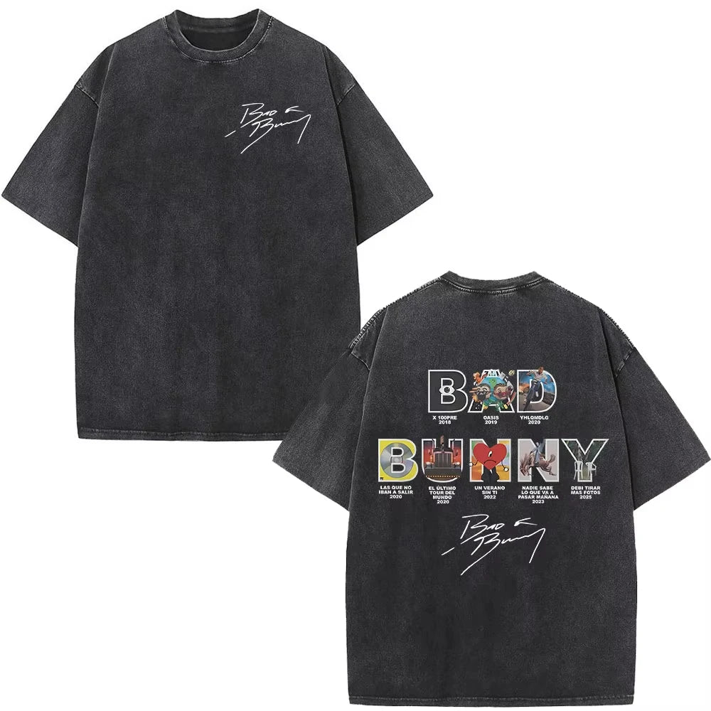 Rapper Bad Bunny Washed Vintage T-shirt Debi Tirar Mas Fotos DTMF World Tour T Shirts Men's Fashion Hip Hop T-shirts Streetwears