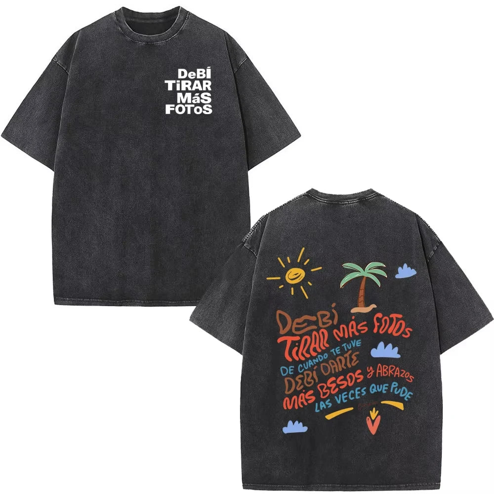 Rapper Bad Bunny Washed Vintage T-shirt Debi Tirar Mas Fotos DTMF World Tour T Shirts Men's Fashion Hip Hop T-shirts Streetwears