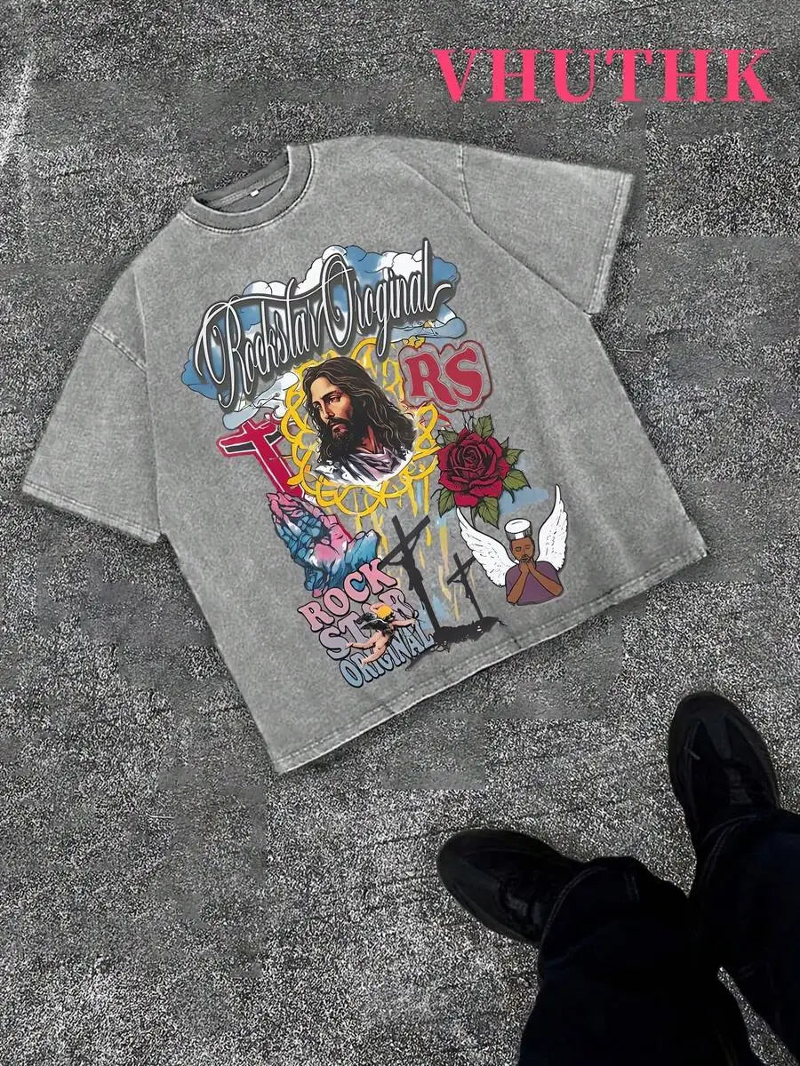 Denim Blue Cotton Tee With Religious Rock Star Graphic Print Streetwear Casual T-Shirt