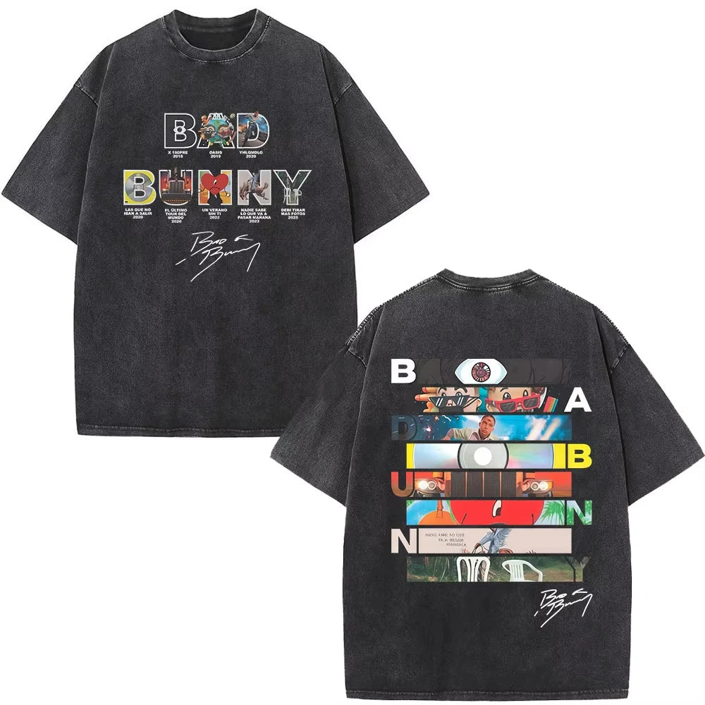 Rapper Bad Bunny Washed Vintage T-shirt Debi Tirar Mas Fotos DTMF World Tour T Shirts Men's Fashion Hip Hop T-shirts Streetwears