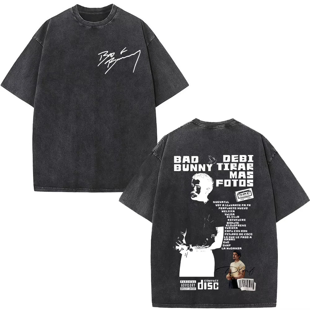 Rapper Bad Bunny Washed Vintage T-shirt Debi Tirar Mas Fotos DTMF World Tour T Shirts Men's Fashion Hip Hop T-shirts Streetwears