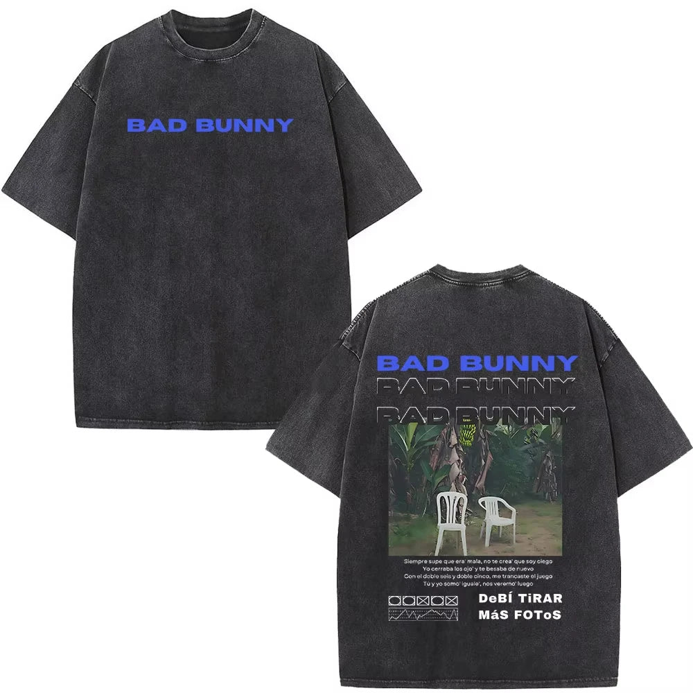 Rapper Bad Bunny Washed Vintage T-shirt Debi Tirar Mas Fotos DTMF World Tour T Shirts Men's Fashion Hip Hop T-shirts Streetwears