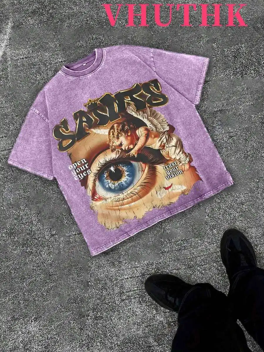 Denim Blue Cotton Tee With Religious Rock Star Graphic Print Streetwear Casual T-Shirt