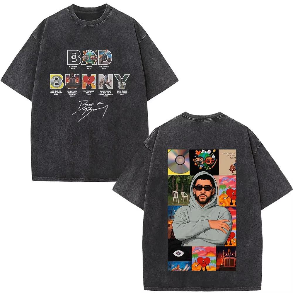 Rapper Bad Bunny Washed Vintage T-shirt Debi Tirar Mas Fotos DTMF World Tour T Shirts Men's Fashion Hip Hop T-shirts Streetwears