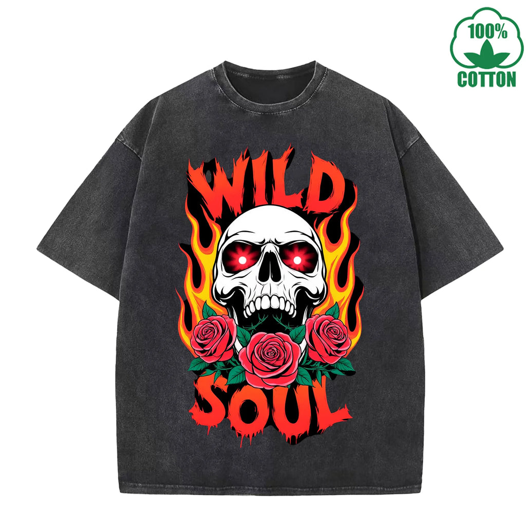 WILD SOUL Printed American Style Fashion Washed T-Shirt 230G Multicolor Loose Trendy Fashionable Cotton Short Sleeve Top