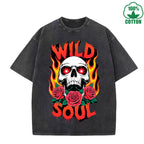 WILD SOUL Printed American Style Fashion Washed T-Shirt 230G Multicolor Loose Trendy Fashionable Cotton Short Sleeve Top
