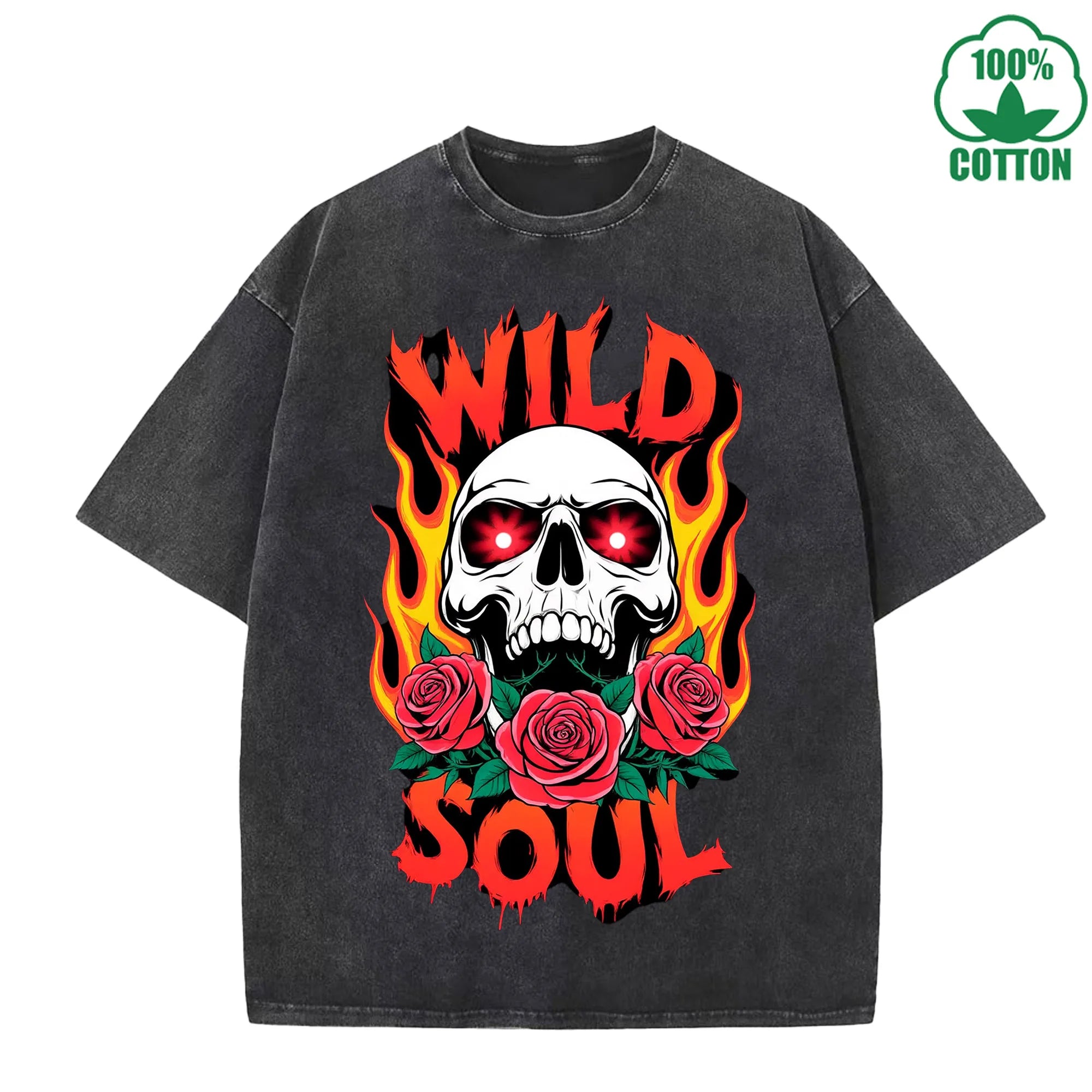 WILD SOUL Printed American Style Fashion Washed T-Shirt 230G Multicolor Loose Trendy Fashionable Cotton Short Sleeve Top
