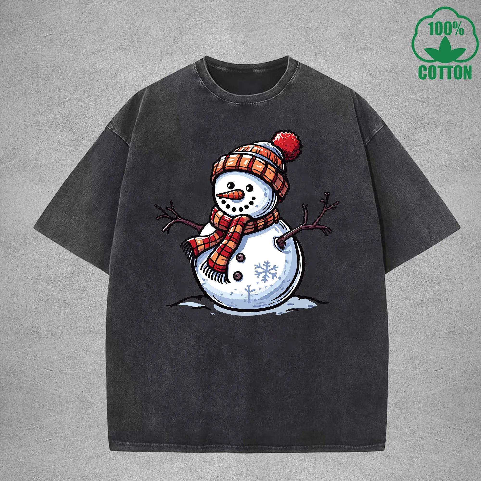 Christmas Snowman Interest Printed Washed T-Shirt 230G Multicolor Loose Trendy Fashionable Cotton Short Sleeve Top
