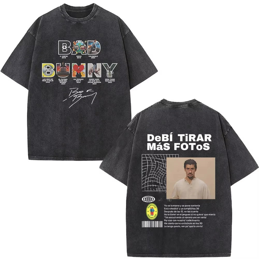 Rapper Bad Bunny Washed Vintage T-shirt Debi Tirar Mas Fotos DTMF World Tour T Shirts Men's Fashion Hip Hop T-shirts Streetwears