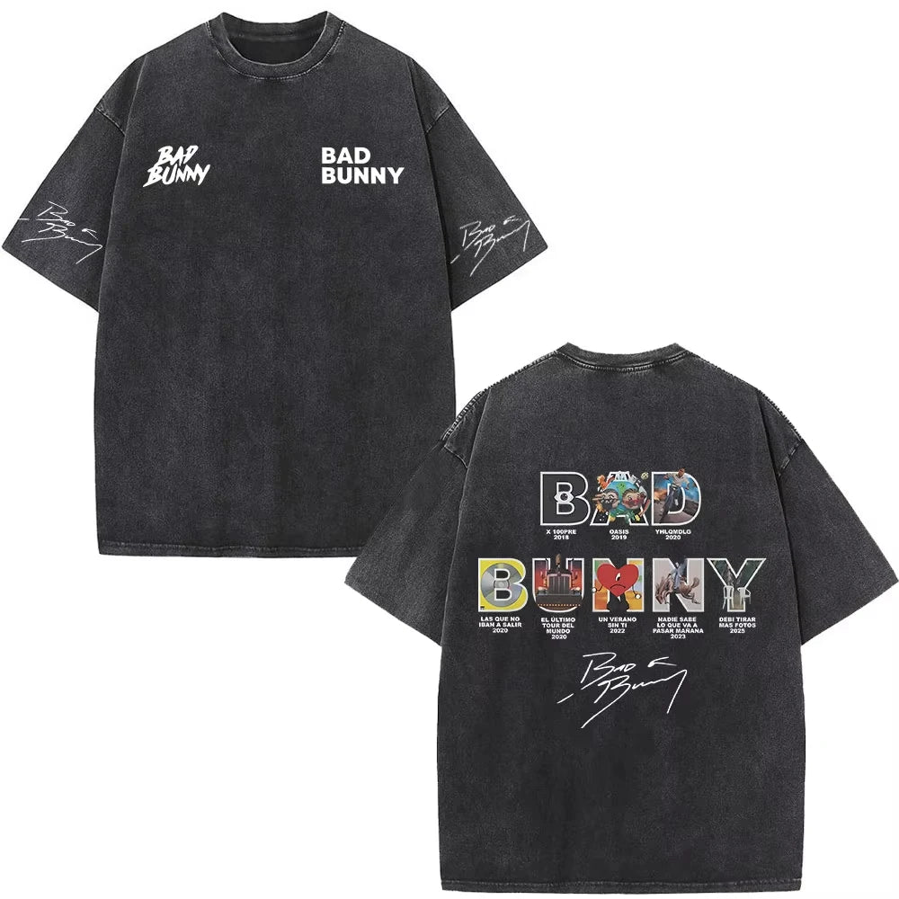 Rapper Bad Bunny Washed Vintage T-shirt Debi Tirar Mas Fotos DTMF World Tour T Shirts Men's Fashion Hip Hop T-shirts Streetwears