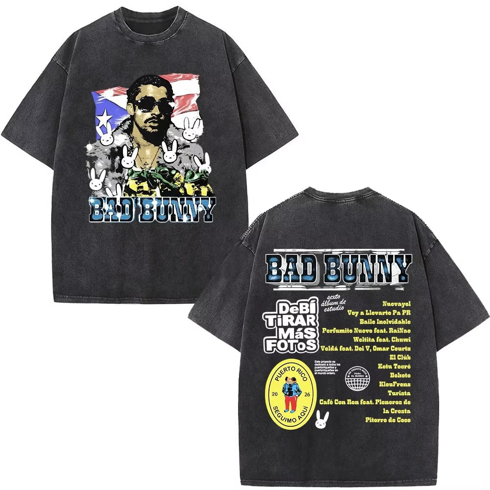 Rapper Bad Bunny Washed Vintage T-shirt Debi Tirar Mas Fotos DTMF World Tour T Shirts Men's Fashion Hip Hop T-shirts Streetwears