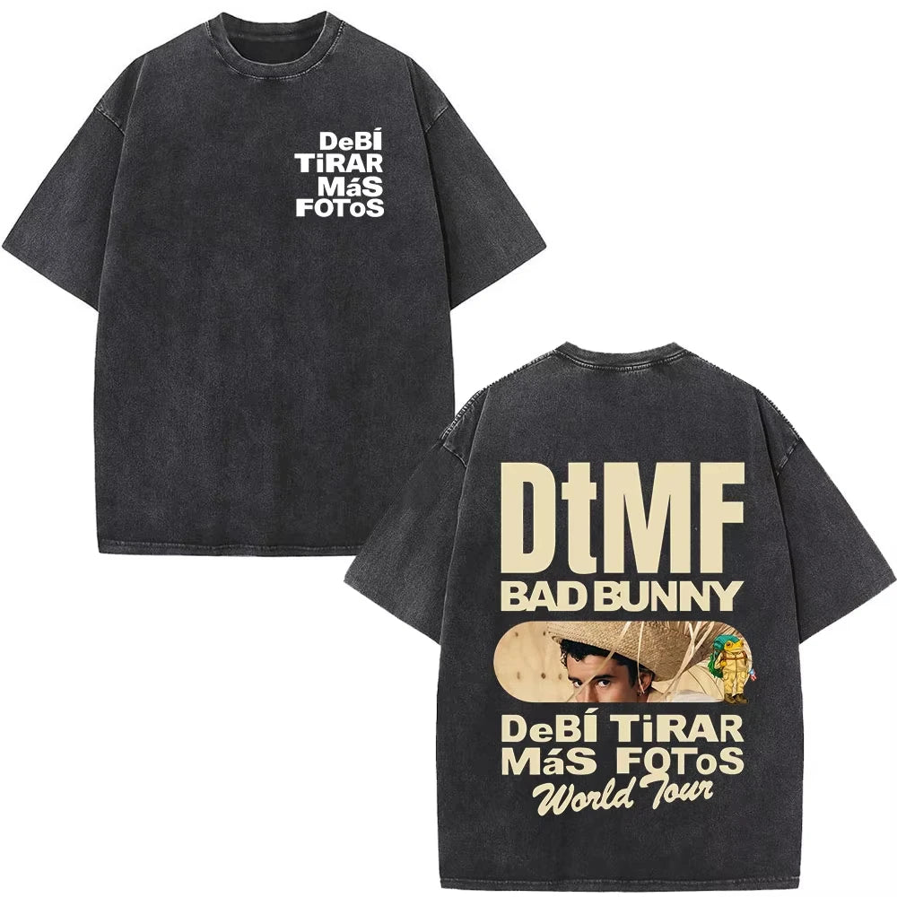 Rapper Bad Bunny Debi Tirar Mas Fotos DTMF Album Washed Vintage T-shirts Men's Fashion Hip Hop Short Sleeves T-shirts Streetwear