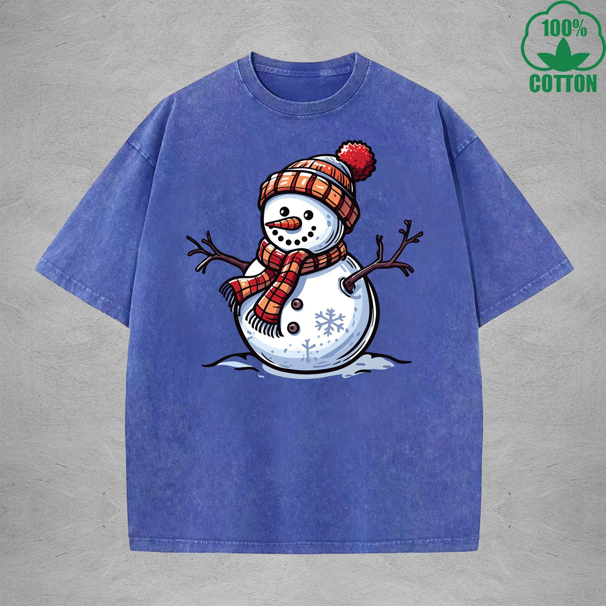 Christmas Snowman Interest Printed Washed T-Shirt 230G Multicolor Loose Trendy Fashionable Cotton Short Sleeve Top