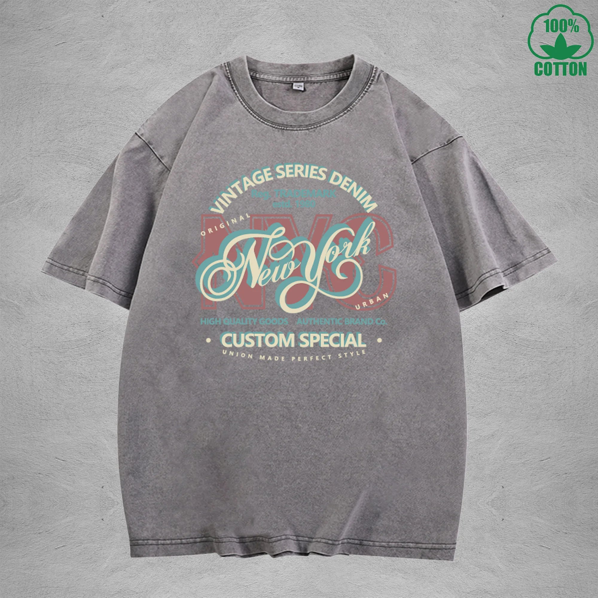 SERIES DENIM Interest Printed Washed T-Shirt 230G Multicolor Loose Trendy Fashionable Cotton Short Sleeve Top
