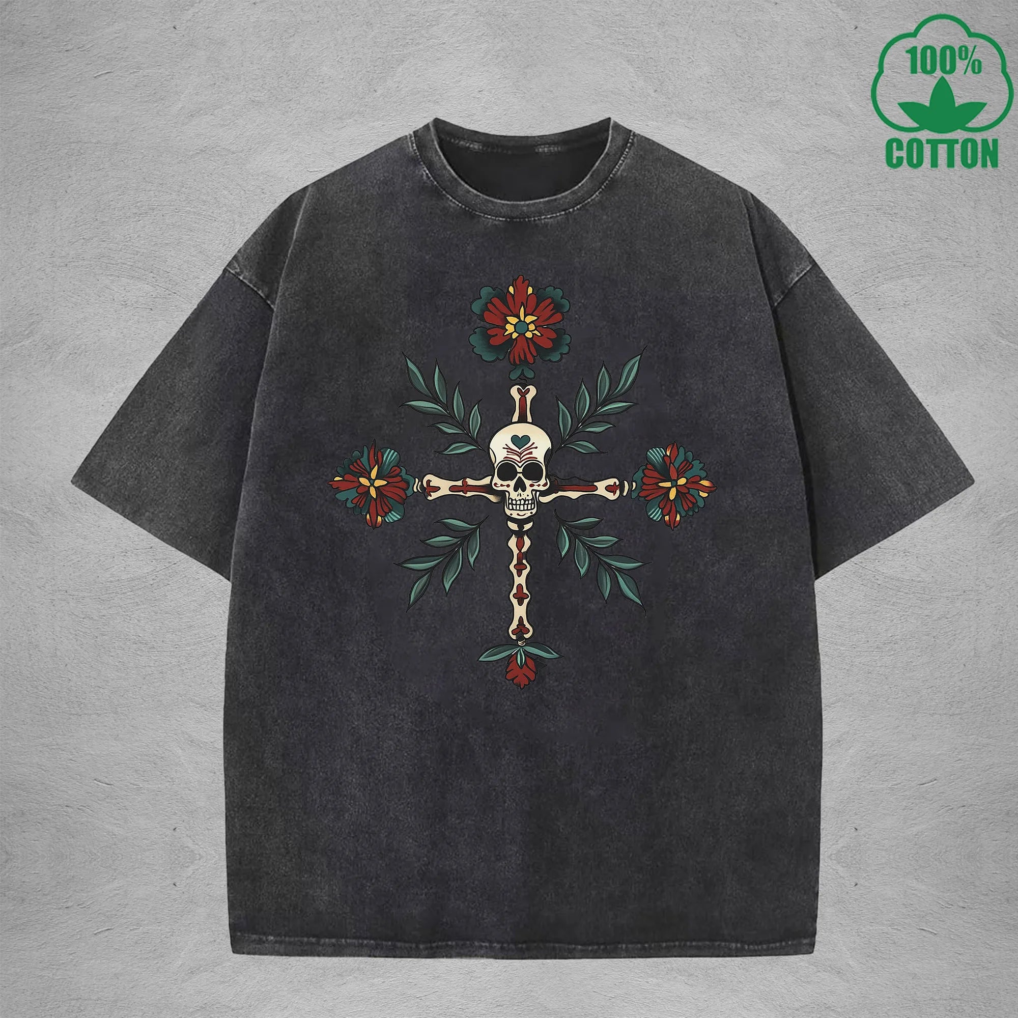 Skeleton Interest Printed Washed T-Shirt 230G Multicolor Loose Trendy Fashionable Cotton Short Sleeve Top