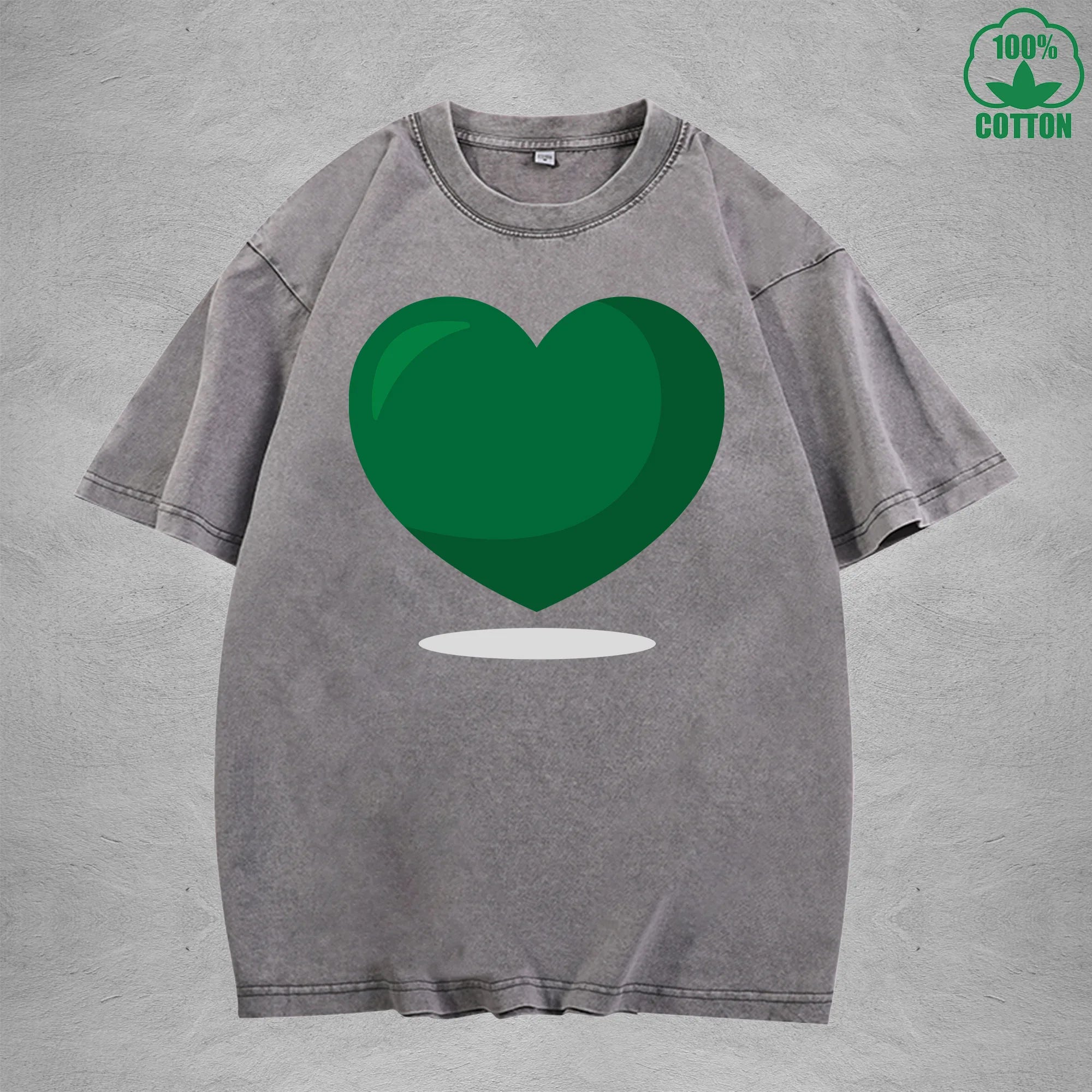 Green Heart American Retro 230G Washed T-Shirt Available in Multiple Colors Fashionable Pure Cotton Short Sleeve