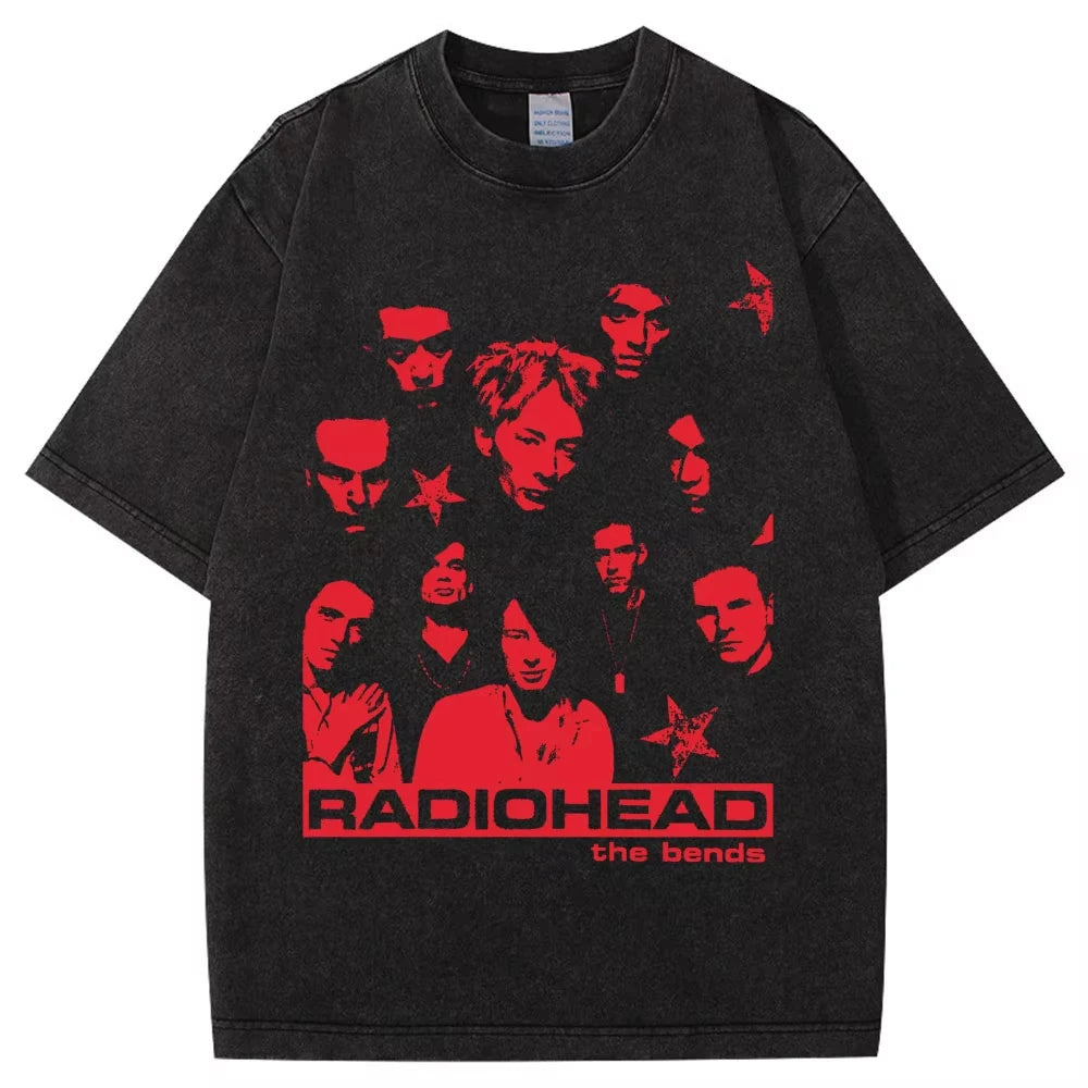 Washed Rock Band Radiohead The Bends Retro Tshirt Men Women Fashion Hip Hop Gothic T Shirt Oversized Cotton Casual Male T-shirts