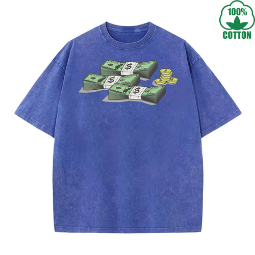 Banknote Printed Washed T-Shirt 230G Multicolor Loose Trendy Fashionable Cotton Short Sleeve Top The Best Gift Special Offer