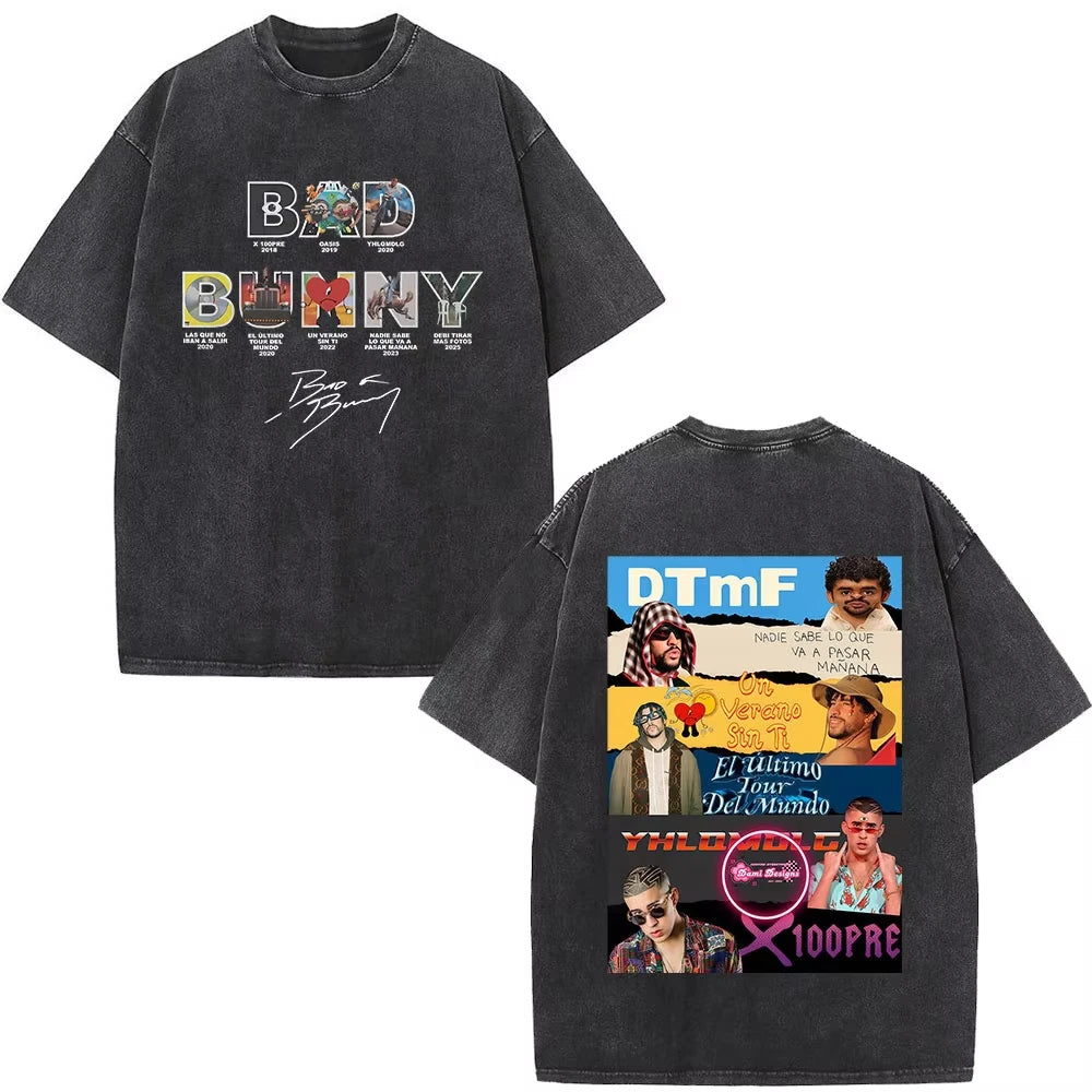 Rapper Bad Bunny Washed Vintage T-shirt Debi Tirar Mas Fotos DTMF World Tour T Shirts Men's Fashion Hip Hop T-shirts Streetwears