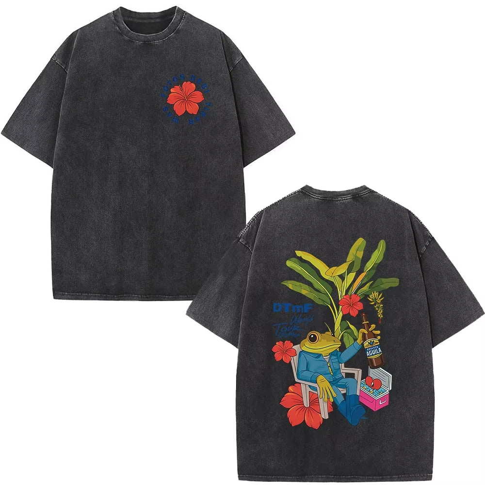 Rapper Bad Bunny Washed Vintage T-shirt Debi Tirar Mas Fotos DTMF World Tour T Shirts Men's Fashion Hip Hop T-shirts Streetwears