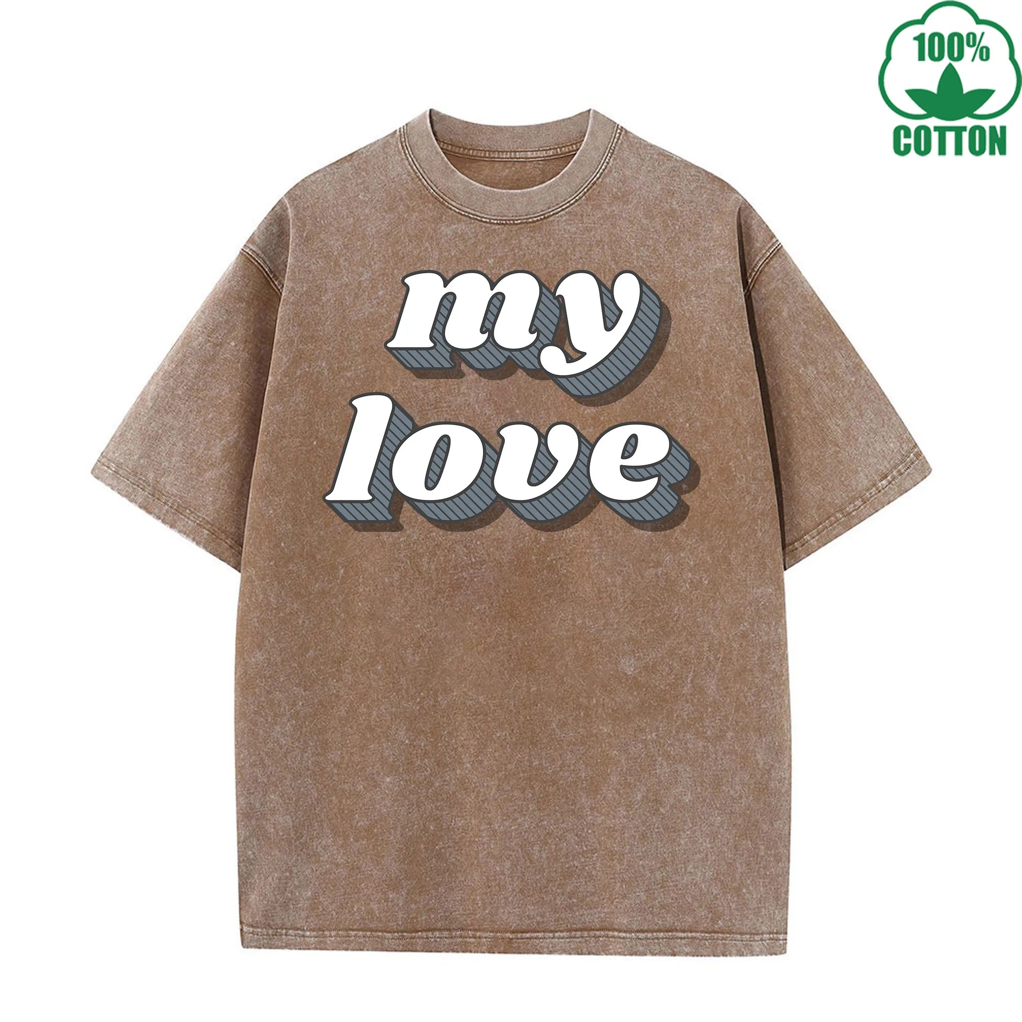 My Love Printed Multicolor Washed T-Shirt 230G American Style Loose Trendy Fashionable Cotton Short Sleeve Top